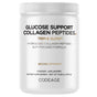 A white container labeled Glucose Support Collagen Peptides Powder from Codeage, featuring product details, branding, and supplement facts in black and gold text. The packaging highlights grass-fed hydrolyzed bovine collagen formulated to offer comprehensive glucose support.