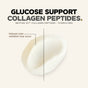 A heaping mound of white powder labeled Codeage Glucose Support Collagen Peptides Powder is shown, with a line indicating that natural color variation may occur. The text highlights grass-fed, hydrolyzed bovine collagen peptides and notes the possibility of natural color differences in the product.