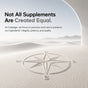 A compass rose drawn in sand with mountains in the background. Text reads: Not All Supplements Are Created Equal. At Codeage, we focus on precision and care to preserve our ingredients’ integrity, potency, and quality—especially in our Glucose Support Collagen Peptides Powder made from hydrolyzed grass-fed bovine collagen.