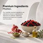A bowl of mixed berries, a pomegranate, two bowls of powder—including Codeage Glucose Support Collagen Peptides Powder—and a bottle of oil sit on a white surface with text highlighting premium, carefully sourced ingredients for wellness products.