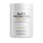 A white bottle labeled Codeage GLP-1 Probiotic+ Capsules containing 90 vegetable capsules with live probiotics. This formula combines GLP-1 probiotic strains and prebiotic chicory inulin to help support digestive health and overall wellness.