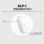 A white GLP-1 Probiotic+ Capsule by Codeage, measuring 0.82 inches in length and filled with powder, is displayed on a light background. The capsule contains GLP-1 probiotic strains and prebiotic chicory inulin, with a note indicating “Natural color variation may occur.”.