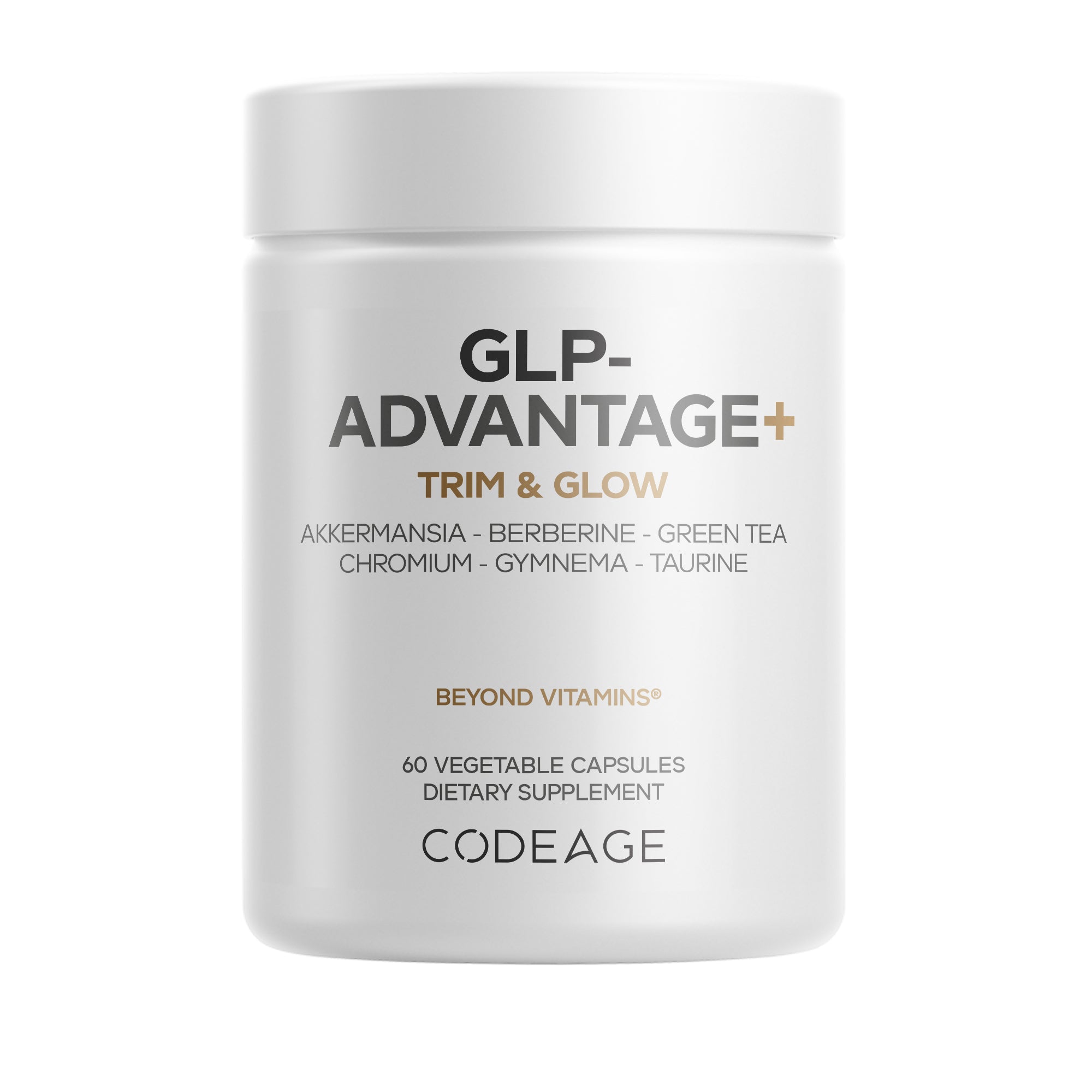 A white bottle of Codeage GLP-Advantage+ supplement contains 60 vegetable capsules with ingredients such as akkermansia muciniphila, berberine HCl, green tea, chromium, gymnema, and taurine.