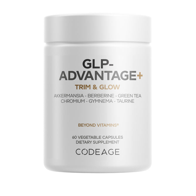 A white bottle of Codeage GLP-Advantage+ supplement contains 60 vegetable capsules with ingredients such as akkermansia muciniphila, berberine HCl, green tea, chromium, gymnema, and taurine.