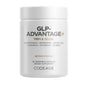 A white bottle of Codeage GLP-Advantage+ supplement contains 60 vegetable capsules with ingredients such as akkermansia muciniphila, berberine HCl, green tea, chromium, gymnema, and taurine.