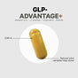 A yellow GLP-Advantage+ capsule by Codeage contains probiotics, L-taurine, curcumin, boron, and berberine HCl. Measuring 0.90 inches, this GLP-1 supplement may exhibit natural color variation.