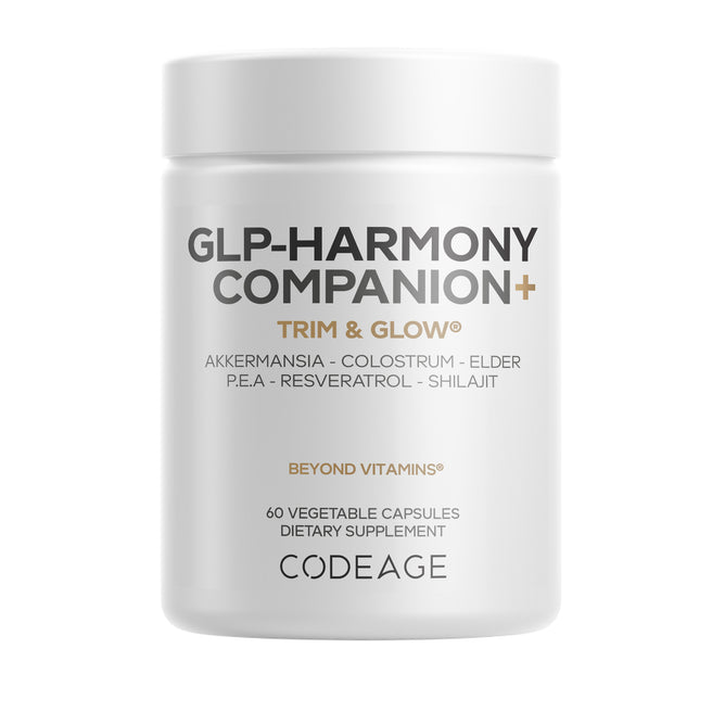 A white bottle labeled GLP-Harmony Companion by Codeage contains 60 vegetable capsules and features ingredients such as Akkermansia, Lion’s Mane mushroom extract, and elder. The Codeage brand name is displayed at the bottom, emphasizing this advanced GLP-1 supplement.