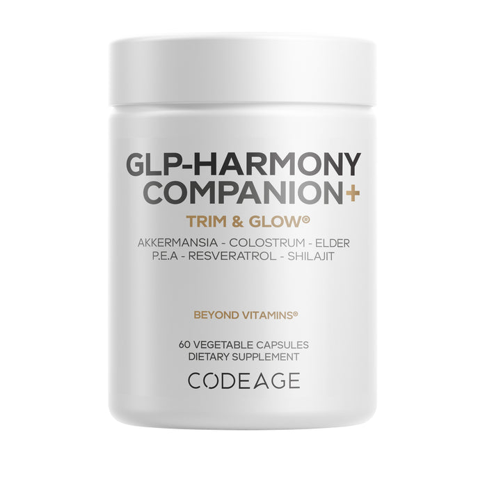 A white bottle labeled GLP-Harmony Companion by Codeage contains 60 vegetable capsules and features ingredients such as Akkermansia, Lion’s Mane mushroom extract, and elder. The Codeage brand name is displayed at the bottom, emphasizing this advanced GLP-1 supplement.
