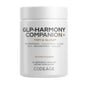 A white bottle labeled GLP-Harmony Companion by Codeage contains 60 vegetable capsules and features ingredients such as Akkermansia, Lion’s Mane mushroom extract, and elder. The Codeage brand name is displayed at the bottom, emphasizing this advanced GLP-1 supplement.