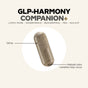 A brown capsule labeled Codeage GLP-Harmony Companion, featuring text with ingredients such as palmitoylethanolamide (PEA), information on its 0.91 in size, and a note indicating possible natural color variation.