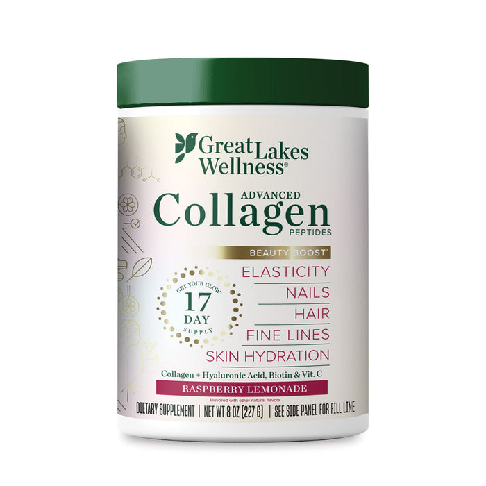 A container of Great Lakes Wellness Beauty Boost Bovine Collagen Peptides Powder in raspberry lemonade flavor with VERISOL collagen. The label highlights benefits for elasticity, hair, nails, fine lines, and skin hydration. Net weight: 8 oz (227 g).