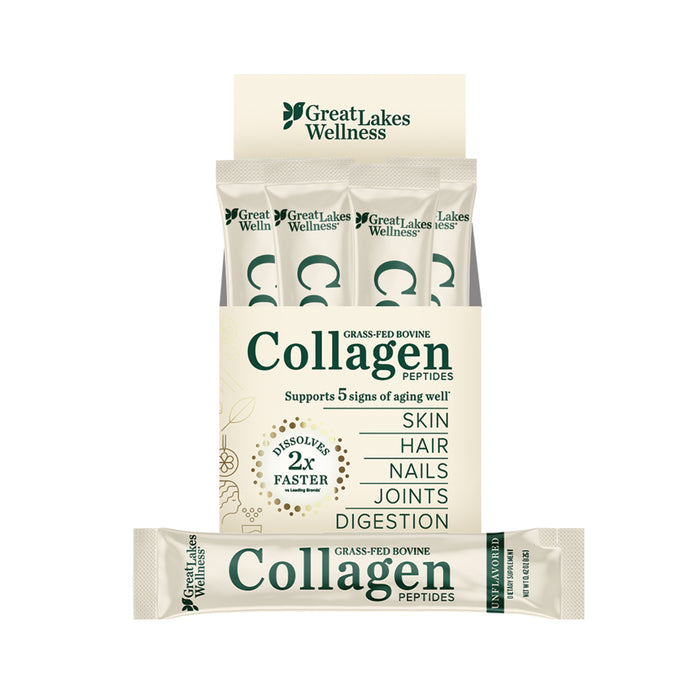 A box of Great Lakes Wellness Bovine Collagen Peptides Powder, 20 count, KETO-Certified for skin, hair, nails, joints & digestion support is shown with one single-serve packet displayed in front.
