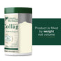 A partially transparent container of Great Lakes Wellness Bovine Collagen Peptides Powder, 16oz, revealing the powder inside. Text reads: Filled by weight, not volume—supports healthy aging.