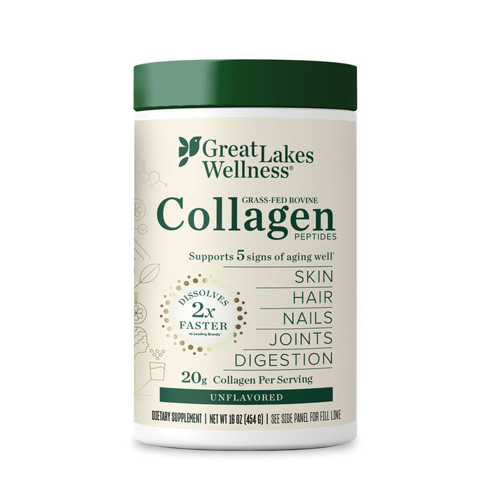A 16oz container of Great Lakes Wellness Bovine Collagen Peptides Powder, unflavored, with labels noting benefits for skin, hair, nails, joints, and digestion. Each serving supplies 20g collagen to support healthy aging and wellness.
