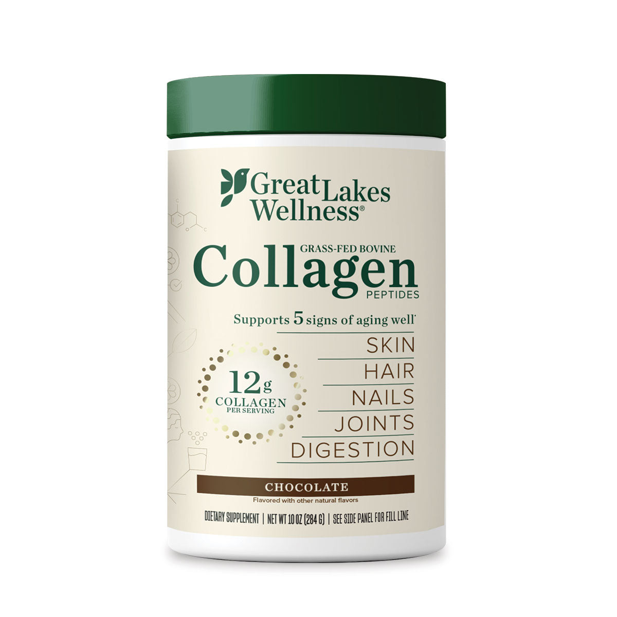A beige container of Great Lakes Wellness Bovine Collagen Peptides Powder, chocolate flavor, supports healthy aging for skin, hair, nails, joints, and digestion. Each serving provides 12g collagen. The label features green accents.