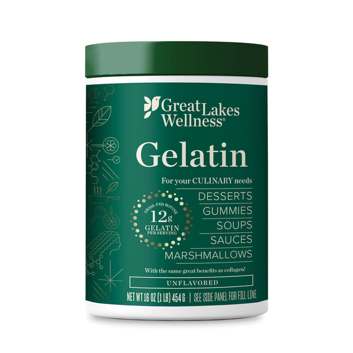 A green container of Great Lakes Wellness Beef Gelatin, 16 oz, for making desserts, gummies, soups, sauces, and marshmallows. Each serving provides 12g protein. White and gold text highlights its versatile culinary uses.