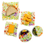 Bees Wrap Assorted Wraps-5 pack includes colorful, washable wraps with fruit and veggie patterns, perfect for covering sliced bread, orange slices, cheese, a mixed berry bowl, and a salad bowl.