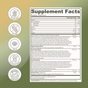 The Greens + Superfood supplement facts label by Rookie Wellness is shown on a green background with daily greens and probiotics info, listing nutrition facts, ingredients, and daily values. Icons indicate gluten free, soy free, vegan, no sugar added, gut health support.