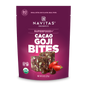 A purple pouch of Navitas Organics Superfood+ Cacao Goji BITES showcases two bite-sized, gluten-free, nutrient-rich treats with nuts, seeds, and goji berries—organic chocolate bites packed with superfoods.