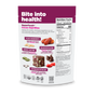 A resealable snack bag labeled Bite into health! features Navitas Organics Superfood+ Cacao Goji BITES—superfood snacks with organic chocolate, displaying nutrition facts and close-up images of the bites and wholesome ingredients.