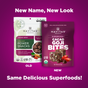 Two Navitas Organics snack packages are shown: the old design labeled Organic Power Snacks and the new Superfood+ Cacao Goji BITES. Both feature organic chocolate and highlight superfoods in their updated look.