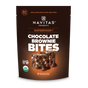 A brown resealable pouch of Navitas Organics Superfood + Chocolate Brownie BITES, with images of brownie bites and dark chocolate chips. The organic, gluten-free packaging notes 80 calories per serving and features organic cacao.