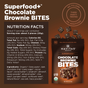 Navitas Organics Superfood + Chocolate Brownie BITES nutrition label—ingredients, nutrition facts, and packaging. Made with organic cacao and dark chocolate; no fillers or additives. Third-party tested for quality.