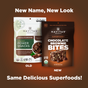Two snack packages on brown. Left: Old white bag, Organic Power Snacks. Right: New dark brown bag, Navitas Organics Superfood + Chocolate Brownie BITES. Text: New Name, New Look—Same Delicious Superfoods!.