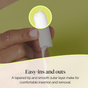 A hand holds a Cora Applicator Free Tampon made with 100% organic cotton, featuring a rounded tip. Text below reads: Easy ins and outs. The tapered tip and smooth outer layer ensure comfortable insertion and removal—experience the simple comfort of chemical-free period care with Cora.