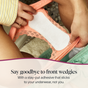 Someone holds a pair of peach lace underwear with an Invisi-feel Daily Liner, Micro Thin from Cora inside. Text reads: No more front wedgies—thanks to a stay-put adhesive that secures to your underwear, not your skin. Enjoy all-day comfort and confidence with Cora's micro-thin liner.