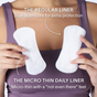 A person in a purple tank top holds two liners, labeled as The Regular Liner and Cora's Invisi-feel Daily Liner, Micro Thin, with descriptive text and arrows pointing to each product. Both options feature hypoallergenic materials, while the Invisi-feel Daily Liner, Micro Thin is crafted from soft organic cotton for gentle daily comfort.