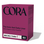 A purple box featuring the Cora logo prominently at the top displays Cora Invisi-feel Daily Liner, Micro Thin, with text highlighting “100% Organic Cotton Topsheet,” “MICRO THIN,” and “80.” The packaging emphasizes these hypoallergenic liners designed for comfortable daily freshness.