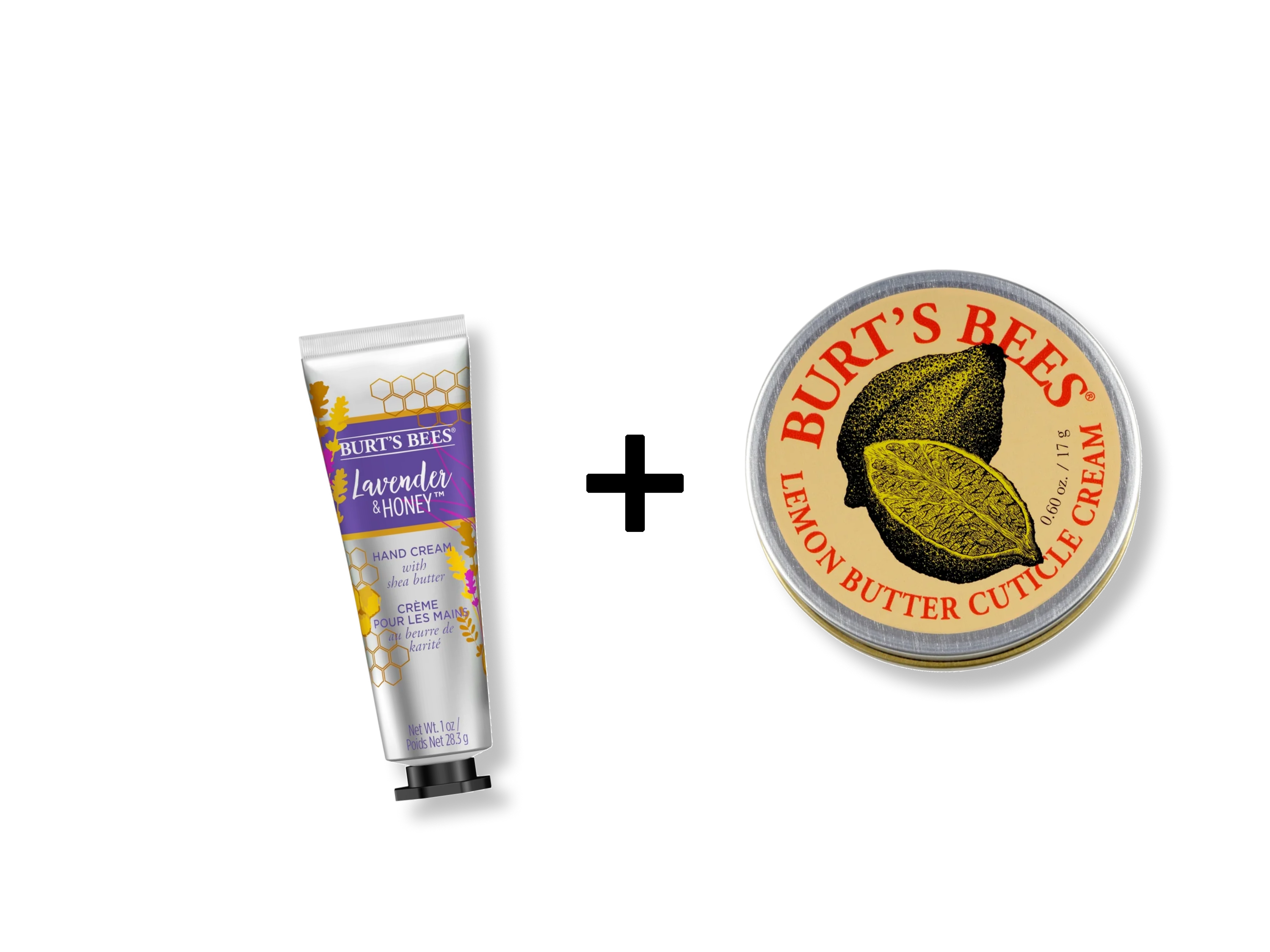 A tube of Burt’s Bees Lavender & Honey Hand Cream next to a tin of Burt’s Bees Lemon Butter Cuticle Cream, separated by a plus sign on a white background.