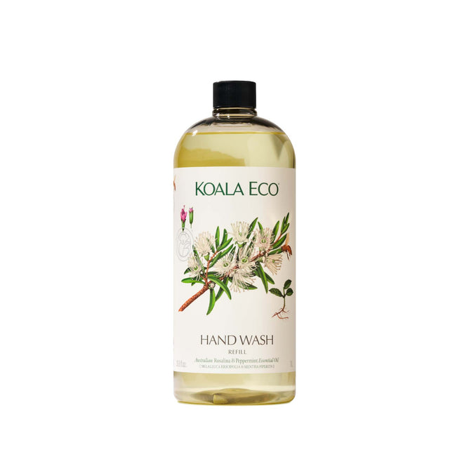 A clear bottle of Koala Eco Hand Wash Refill with a black cap. The label shows botanical illustrations and green text, highlighting this natural hand wash made with Australian botanicals and peppermint essential oil.