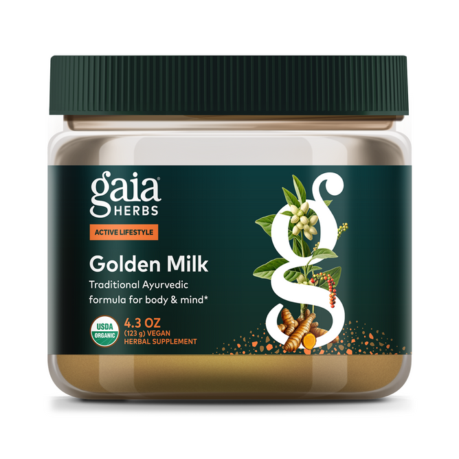 Gaia Herbs Golden Milk features a green label with a herb-adorned “g” and turmeric. This organic, vegan Ayurvedic supplement supports stress relief with turmeric, as highlighted on the jar.