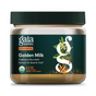 Gaia Herbs Golden Milk features a green label with a herb-adorned “g” and turmeric. This organic, vegan Ayurvedic supplement supports stress relief with turmeric, as highlighted on the jar.