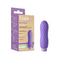 A small, purple, textured vibrator from Blush Gaia stands by its Eco Bliss box, showcasing a rechargeable waterproof design made from sustainable materials.
