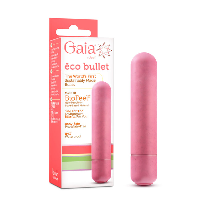 A pink Blush Gaia Eco Bullet vibrator stands upright next to its mostly white box, accented with green, orange, and pink, highlighting the eco-friendly, plant-based, and waterproof features of this sustainable sex toy.