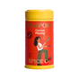 A yellow canister of Diaspora Spice Co. Garam Masala with a red label, featuring an illustration of a woman sitting cross-legged and cooking South Asian spices with a fork and flaming pan.