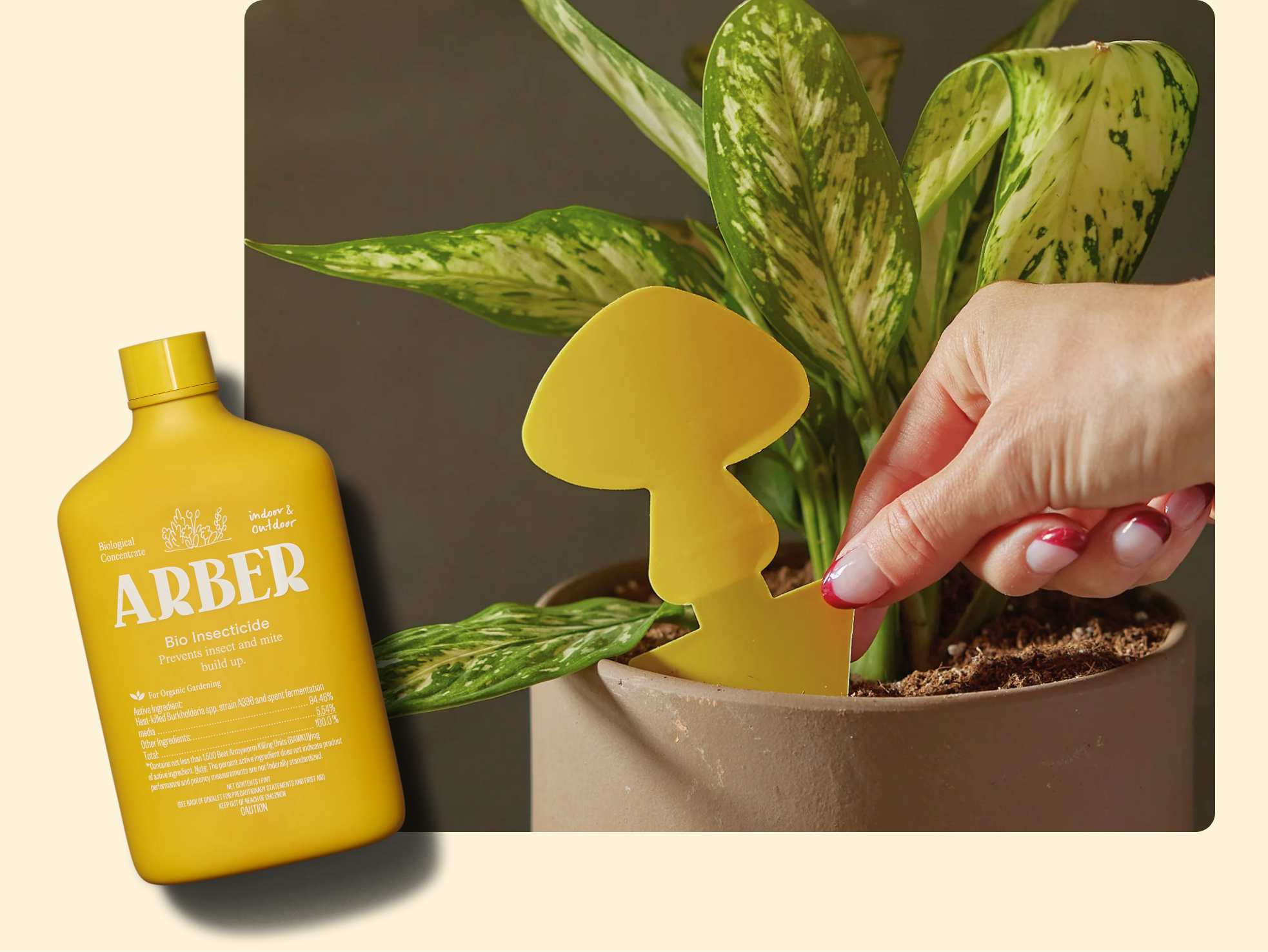 A yellow bottle labeled ABBER Bio Insecticide lies next to a potted green plant. A hand inserts a yellow tool shaped like a leaf into the soil beside the plant.