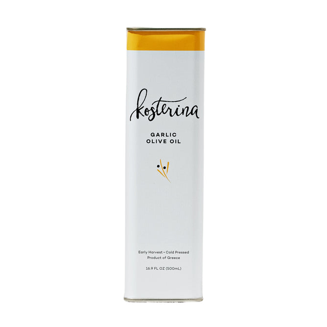 A rectangular metal tin of Kosterina Garlic Olive Oil features a white label, yellow cap, minimalist design, and text noting it’s a 500 mL product of Greece.