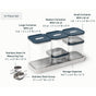The Caraway Glass Airtight Container Set includes 13 clear, non-toxic glass containers in three sizes with blue lids, a pantry tray, two stainless steel measuring cups, and a scoop—each shown with dimensions and labels.