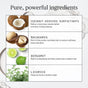 An infographic titled Pure, powerful ingredients for Ursa Majors Go Easy Shampoo highlights coconut-derived surfactants, macadamia, bergamot, and licorice with images and descriptions of their benefits for easy-to-manage hair and nourishing daily routines.