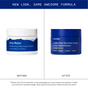 Side-by-side image of Ursa Major Golden Hour Recovery Cream’s previous white jar with blue label and the new dark blue jar with gold text, captioned: New look, same deep hydration formula.