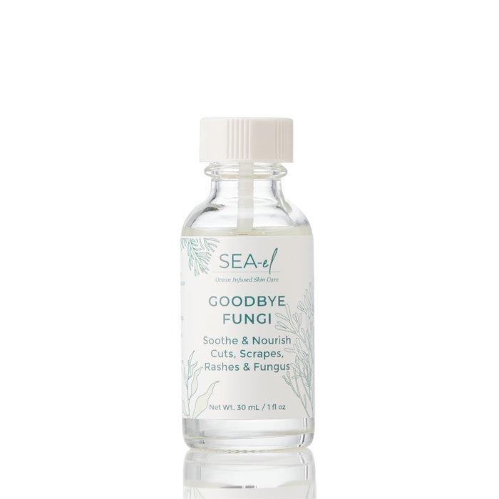 Sea-el Goodbye Fungi is a 1 fl oz (30 mL) clear glass bottle with a white cap, labeled to soothe and nourish cuts, scrapes, rashes, and skin fungus with tea tree and antifungal botanicals.