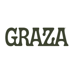 The word GRAZA is displayed in bold, dark green, playful uppercase letters on a light gray background.