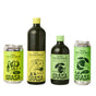 The Graza Ultimate Olive Oil Set - Glass includes two bottles and two cans: Sizzle with yellow labels and Drizzle with green labels, each decorated with playful illustrated characters.