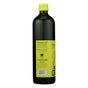 A dark green Graza bottle with a yellow cap and label featuring black text, cartoon graphics, and olives contains Sizzle Glass Extra Virgin Olive Oil with a mellow flavor. The label also has product details and a barcode.