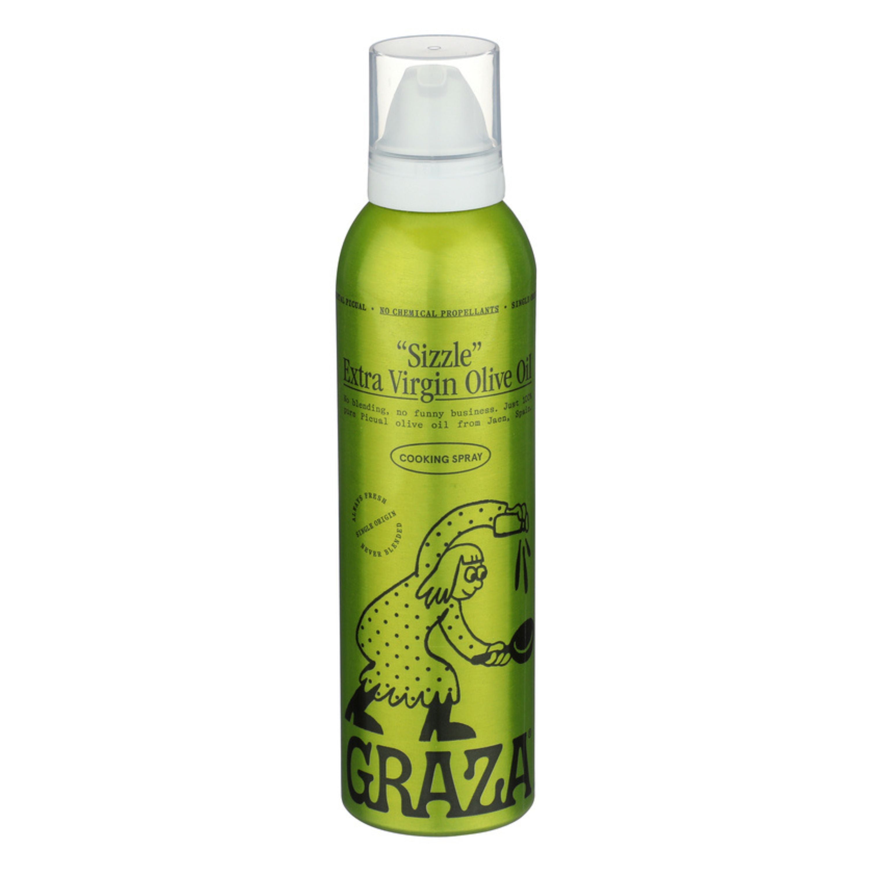 Grazas Sizzle Extra Virgin Olive Oil for Cooking Spray comes in a green can with a playful illustration of a person pouring oil, offering a mellow flavor made from mid-season olives.