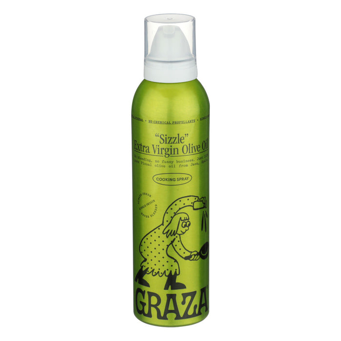 Grazas Sizzle Extra Virgin Olive Oil for Cooking Spray comes in a green can with a playful illustration of a person pouring oil, offering a mellow flavor made from mid-season olives.